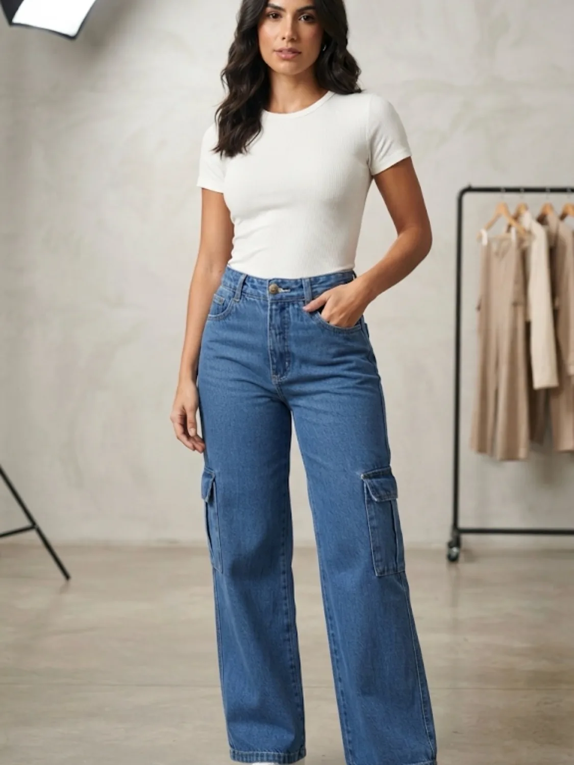Calça Cargo Jeans Azul