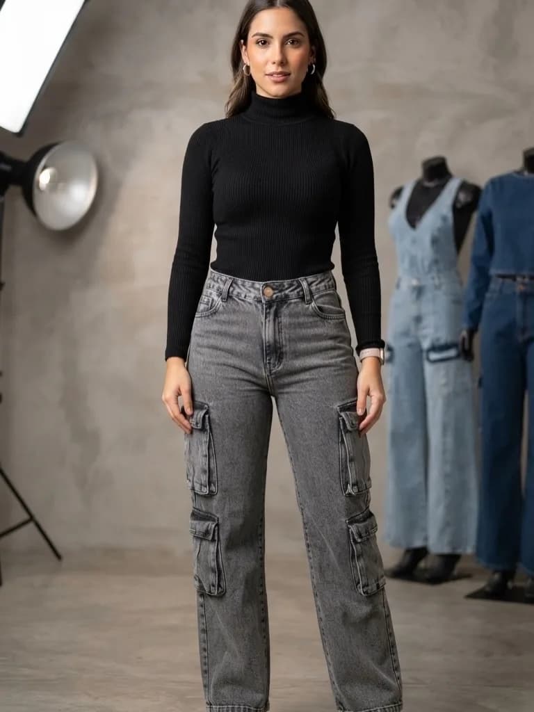 Calça Cargo Jeans Cinza